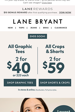 FNL HRS! 2/$40 graphic tees + 2/$59 shorts & crops