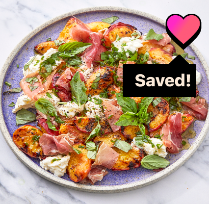 Meal with a heart icon in the upper right hand corner and a label that reads 'Saved!'