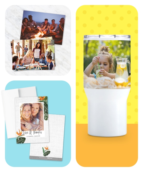 Prints of family time outside, a custom card showing two friends and a custom travel mug with a child making lemonade outdoors.
