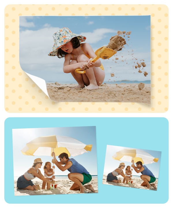 A poster showing a child digging in the sand and two different-sized prints of a family at the beach.