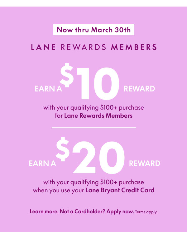 $10 Off $100 and $20 Off $100 when purchase with Lane Bryant Credit Card