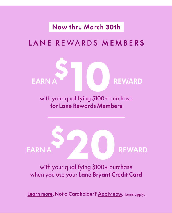 $10 Off $100 and $20 Off $100 when purchase with Lane Bryant Credit Card