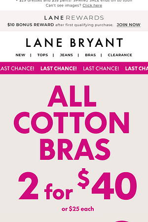 LAST CALL! 2/$40 COTTON BRAS + $25 TOPS!