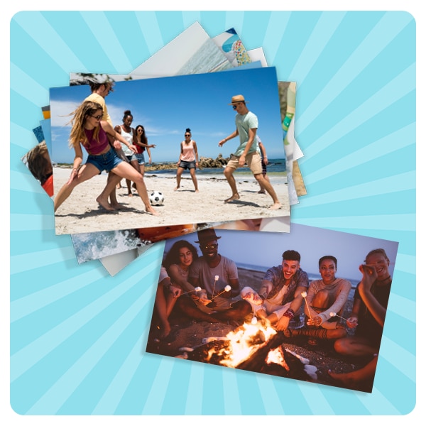 A stack of four-by-six prints showing a group of friends at the beach.
