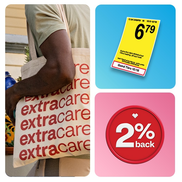 Member with an ExtraCare® bag enjoys saving with sale prices and 2% back in ExtraBucks Rewards®  at CVS®