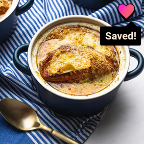 Meal with a heart icon in the upper right hand corner and a label that reads 'Saved!'