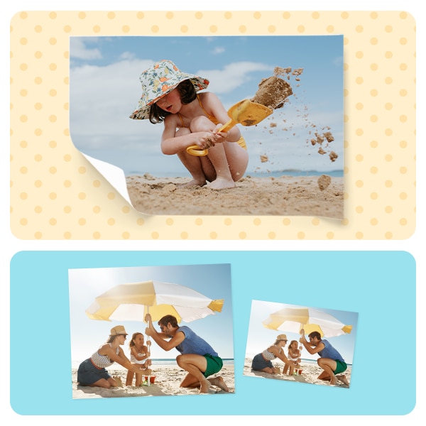 A poster showing a child digging in the sand and two different-sized prints of a family at the beach.
