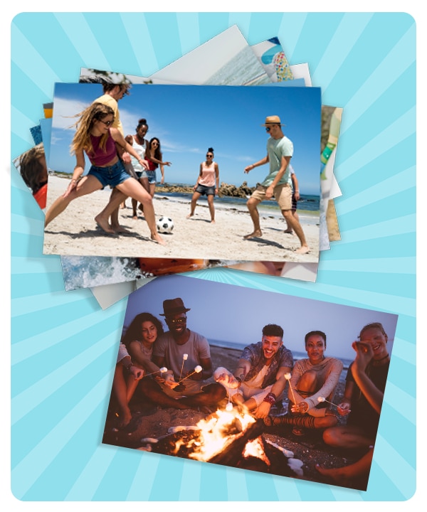 A stack of four-by-six prints showing a group of friends at the beach.