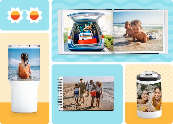A collage of photo gifts showing different beach photos, including a travel mug, a layflat photo book and a calendar.