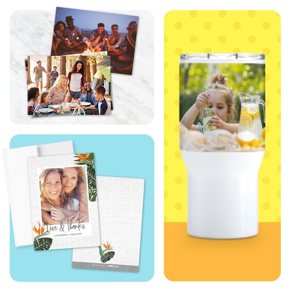 Prints of family time outside, a custom card showing two friends and a custom travel mug with a child making lemonade outdoors.