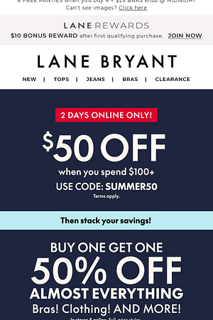 RIGHT NOW! $50 OFF $100 + BOGO 50% OFF