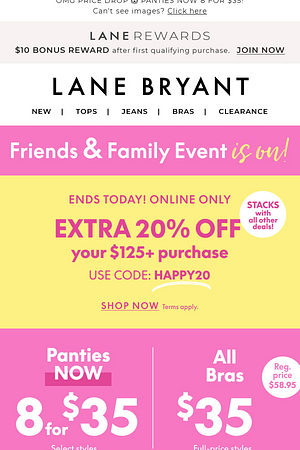 EXTRA 20% OFF ends tonight! Stack w/ ALL BRAS $35