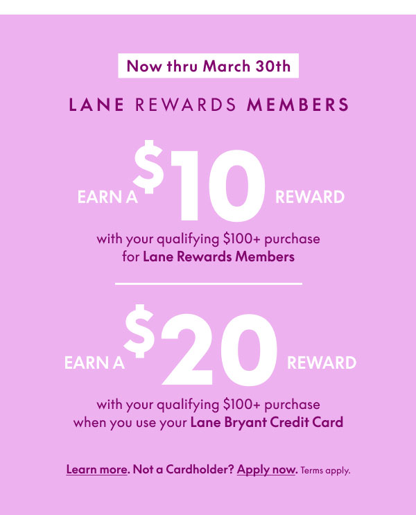 $10 Off $100 and $20 Off $100 when purchase with Lane Bryant Credit Card